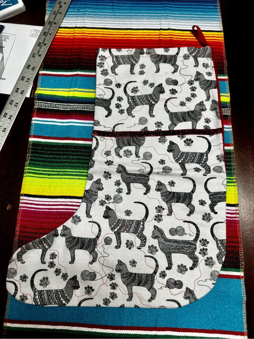 Handmade Cat Print Holiday Stocking - White & Black
